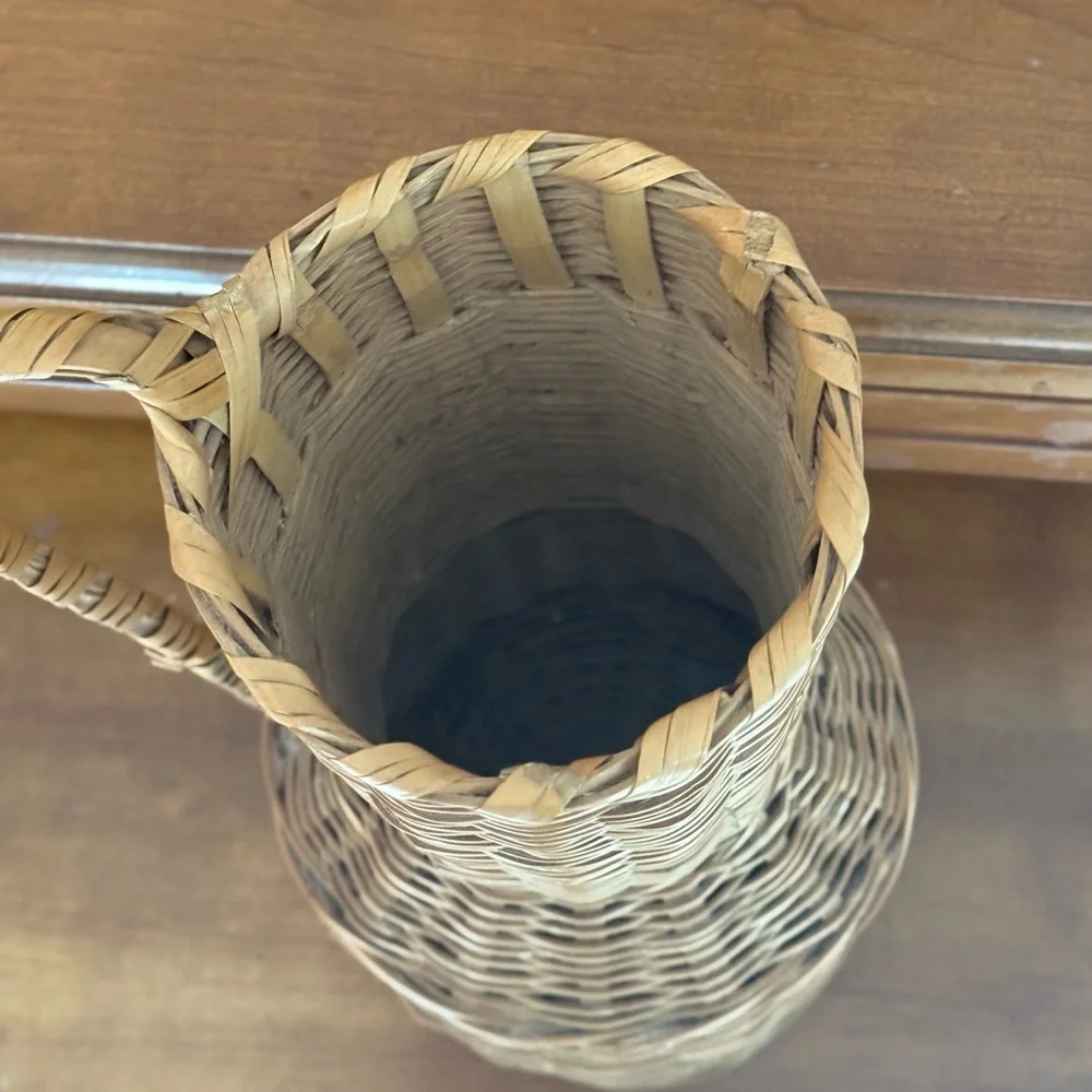 Vintage 1980’s Wicker, Hand woven bamboo Rattan vase with handle